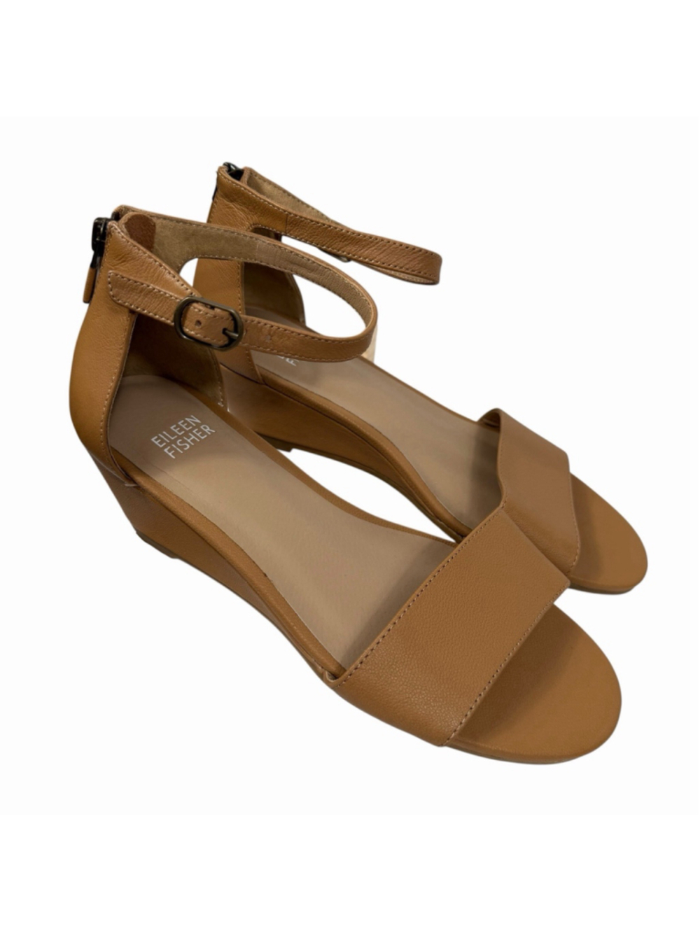 Eileen Fisher Mara Tumbled Leather Wedge Sandal Tan Nude Women's Size 7